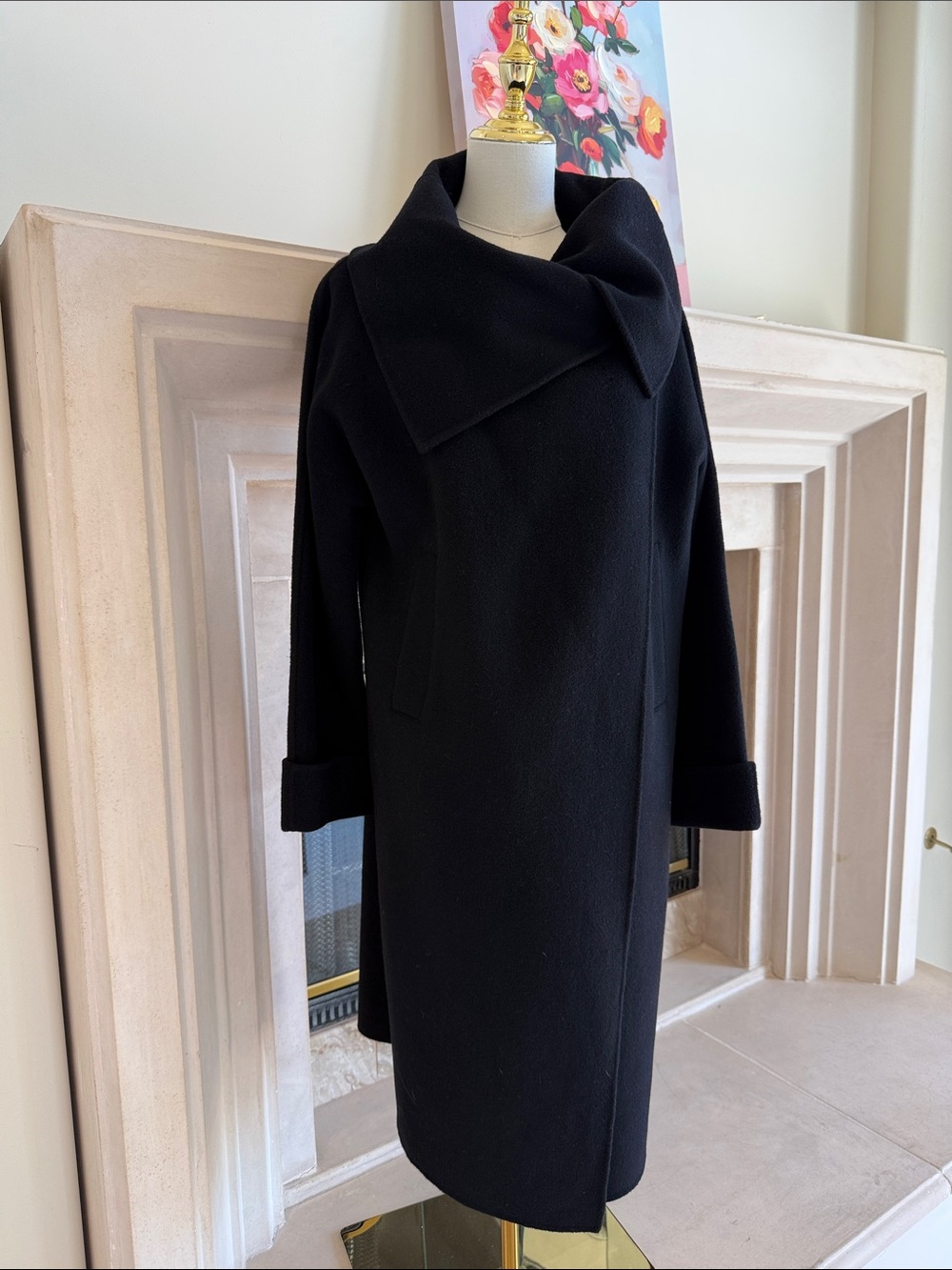 Vintage Black Oversized Cowl Neck Wool Style Winter Long Coat Double Button
